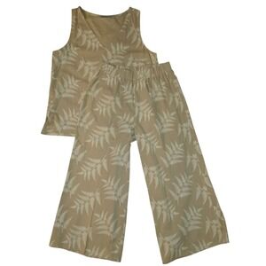 See And Be Seen Set Sm Linen Blend Tan Beige Leaf Print Capri & Tank Top Coastal